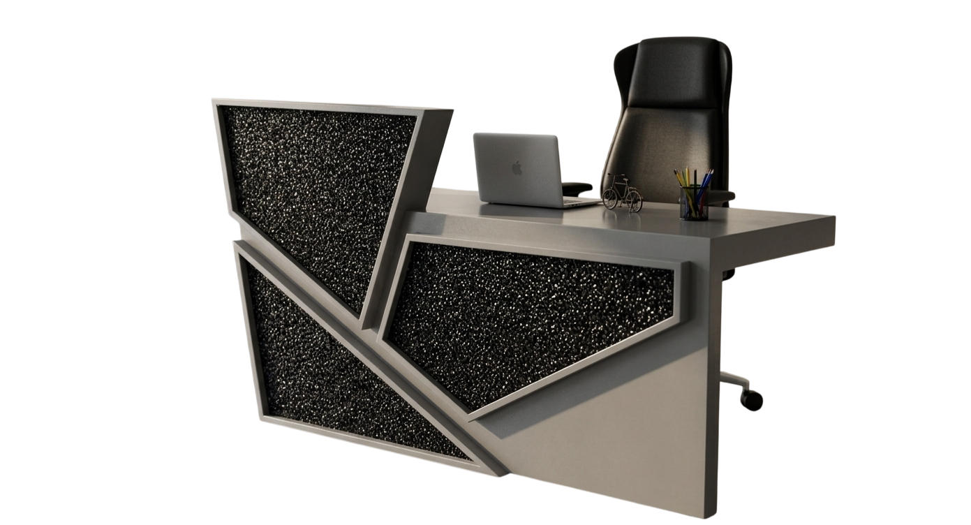 Angular reception counter with granite-panel front