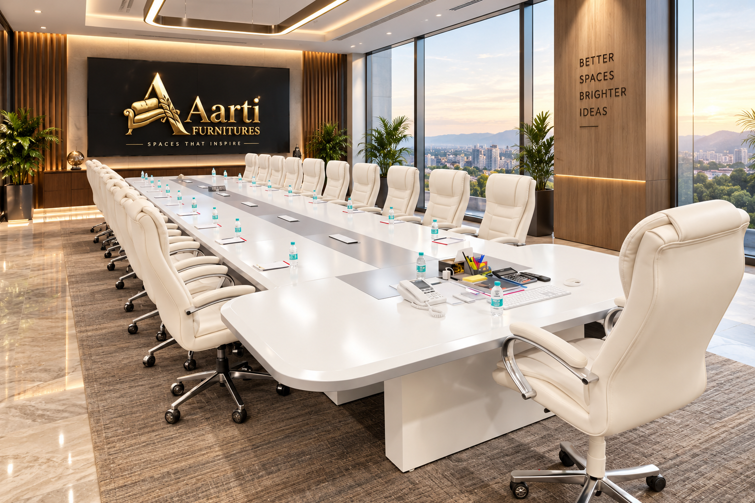 Boardroom fitted out by Aarti Furnitures, branded wall and city skyline view